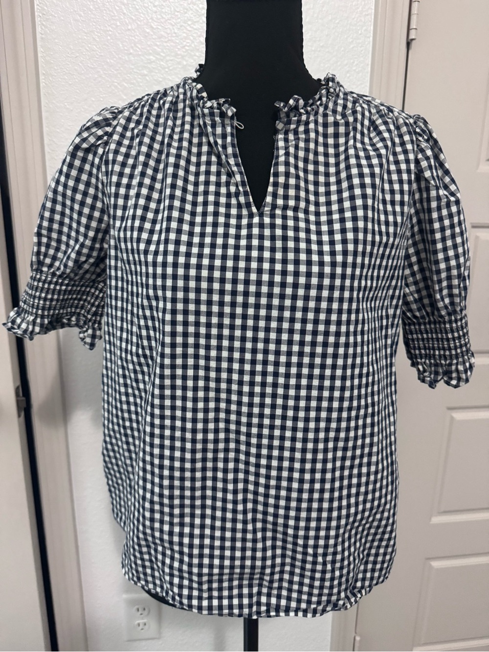J.Crew Navy & White Gingham Ruffle Blouse